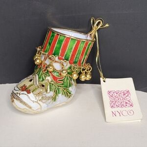 NY CO Enameled Christmas Stocking Ornament New Old Stock